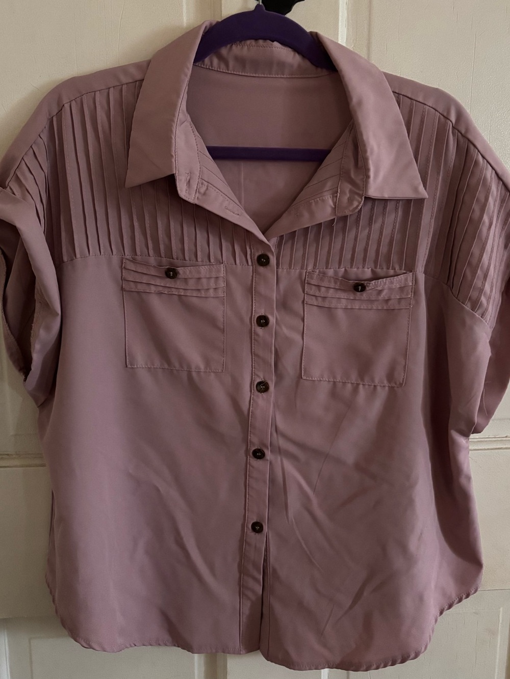 SHEIN Dusty Mauve Pleated Short-Sleeve Button-Down Blouse